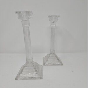Pair Antique EAPG Glass Taper Candlestick Holders Corinthian Ionic Column 8"
